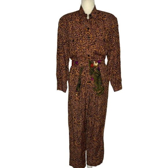 Vintage 90s Jumpsuit Jacket Set 10 Petite Leopard Jungle Floral - Picture 4 of 10